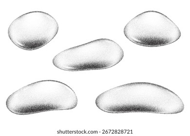 Vector noisy gradient shapes with grainy texture isolated on white background. Stipple liquid water drops with sandy shadows