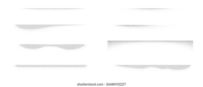 Vector noisy shadows on white background. Grainy black dotted shade shapes with stipple spray effect. Set of abstract soft halftone rectangle elements. Fade bottom with grunge texture
