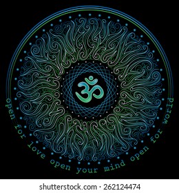 vector nonrecurring circular floral ornament with the sacred symbol Om