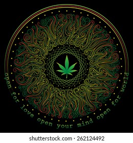 vector nonrecurring circular floral ornament with marijuana leaf 