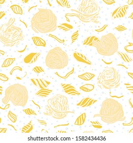 Vector noodle pasta pattern. Homemade delicious hand drawn noodle pattern on spotted background in pastel tones on white background 