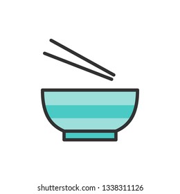 Vector noodle soup, bowl with chopsticks flat color line icon.