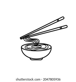 Vector noodles in bowl and chopsticks with line design isolated on white background