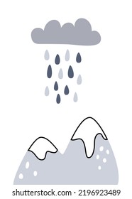 Vector Nordic childish poster with illustrations of mountains and clouds with rain. Greeting card or print on kids clothes