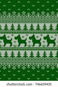 Patrón de suéter navideño vectorial nórdico. Antecedentes retro escandinavos con perro y árbol de Navidad