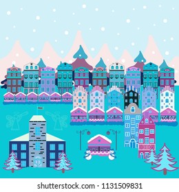 Vector. Nordic nature landscape concept. Scandinavian style on blue, neutral and violet colors. Perfect for kids fabric, textile, nursery wallpaper. Childish pattern with house and trees.