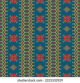 Vector nordic ornament. winter scandinavian seamless pattern, border design for fashion fabric, knit, textile, cross embroidery. Norwegian background with red and blue colors