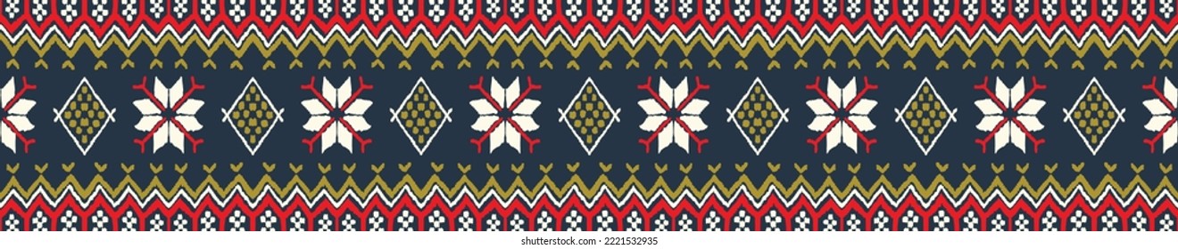 Vector nordic ornament. winter scandinavian seamless pattern, border design for fashion fabric, knit, textile, cross embroidery. Norwegian background with red and blue colors