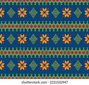 Vector nordic ornament. winter scandinavian seamless pattern, border design for fashion fabric, knit, textile, cross embroidery. Norwegian background with red and blue colors