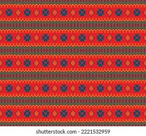 Vector nordic ornament. winter scandinavian seamless pattern, border design for fashion fabric, knit, textile, cross embroidery. Norwegian background with red and blue colors