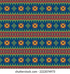 Vector nordic ornament. winter scandinavian seamless pattern, border design for fashion fabric, knit, textile, cross embroidery. Norwegian background with red and blue colors