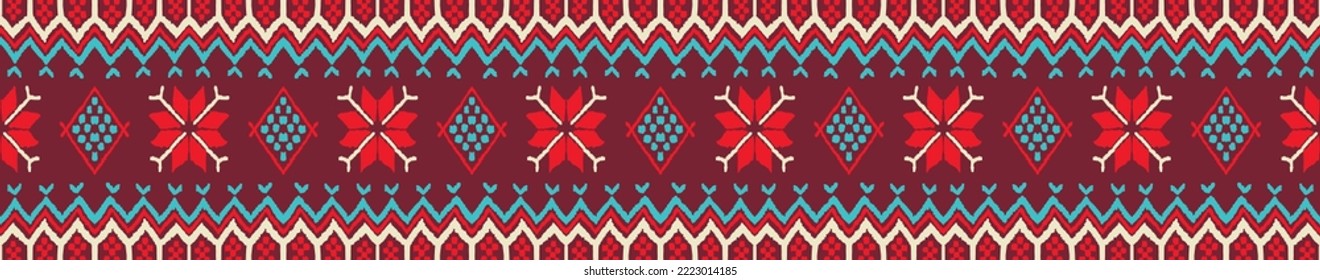 Vector nordic ornament. winter scandinavian seamless pattern, border design for fashion fabric, knit, textile, cross embroidery. Norwegian background with red and blue colors