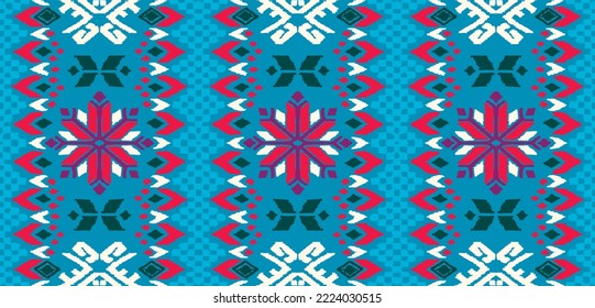 Vector nordic ornament. winter scandinavian seamless pattern, border design for fashion fabric, knit, textile, cross embroidery. Norwegian background with red and blue colors