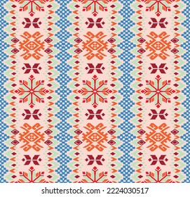 Vector nordic ornament. winter scandinavian seamless pattern, border design for fashion fabric, knit, textile, cross embroidery. Norwegian background with red and blue colors