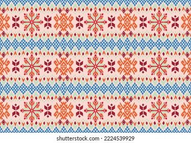 Vector nordic ornament. winter scandinavian seamless pattern, border design for fashion fabric, knit, textile, cross embroidery. Norwegian background with red and blue colors