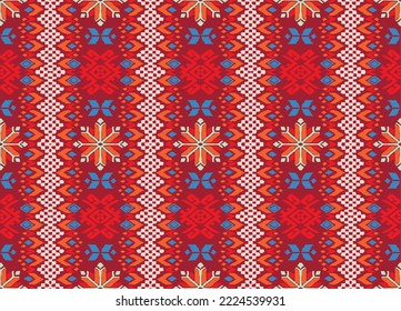 Vector nordic ornament. winter scandinavian seamless pattern, border design for fashion fabric, knit, textile, cross embroidery. Norwegian background with red and blue colors