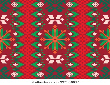Vector nordic ornament. winter scandinavian seamless pattern, border design for fashion fabric, knit, textile, cross embroidery. Norwegian background with red and blue colors