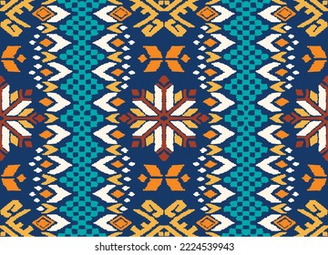 Vector nordic ornament. winter scandinavian seamless pattern, border design for fashion fabric, knit, textile, cross embroidery. Norwegian background with red and blue colors