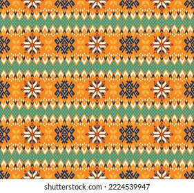 Vector nordic ornament. winter scandinavian seamless pattern, border design for fashion fabric, knit, textile, cross embroidery. Norwegian background with red and blue colors