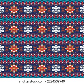 Vector nordic ornament. winter scandinavian seamless pattern, border design for fashion fabric, knit, textile, cross embroidery. Norwegian background with red and blue colors