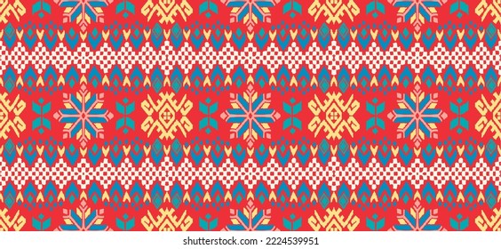 Vector nordic ornament. winter scandinavian seamless pattern, border design for fashion fabric, knit, textile, cross embroidery. Norwegian background with red and blue colors
