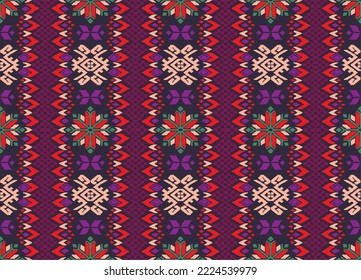 Vector nordic ornament. winter scandinavian seamless pattern, border design for fashion fabric, knit, textile, cross embroidery. Norwegian background with red and blue colors