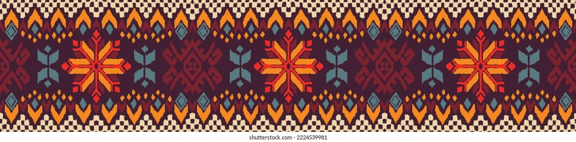 Vector nordic ornament. winter scandinavian seamless pattern, border design for fashion fabric, knit, textile, cross embroidery. Norwegian background with red and blue colors