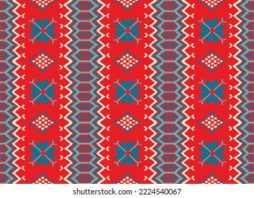 Vector nordic ornament. winter scandinavian seamless pattern, border design for fashion fabric, knit, textile, cross embroidery. Norwegian background with red and blue colors