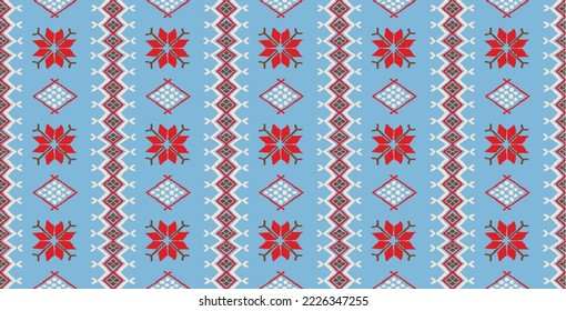 Vector nordic ornament. winter scandinavian seamless pattern, border design for fashion fabric, knit, textile, cross embroidery. Norwegian background with red and blue colors