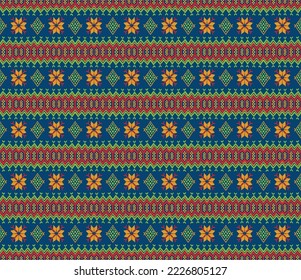 Vector nordic ornament. winter scandinavian seamless pattern, border design for fashion fabric, knit, textile, cross embroidery. Norwegian background with red and blue colors