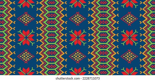 Vector nordic ornament. winter scandinavian seamless pattern, border design for fashion fabric, knit, textile, cross embroidery. Norwegian background with red and blue colors