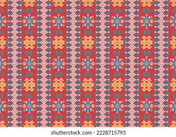 Vector nordic ornament. winter scandinavian seamless pattern, border design for fashion fabric, knit, textile, cross embroidery. Norwegian background with red and blue colors