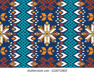 Vector nordic ornament. winter scandinavian seamless pattern, border design for fashion fabric, knit, textile, cross embroidery. Norwegian background with red and blue colors