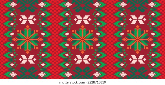 Vector nordic ornament. winter scandinavian seamless pattern, border design for fashion fabric, knit, textile, cross embroidery. Norwegian background with red and blue colors