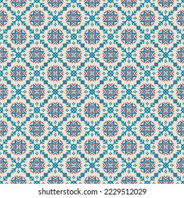 Vector nordic ornament. winter scandinavian seamless pattern, border design for fashion fabric, knit, textile, cross embroidery. Norwegian background with red and blue colors
