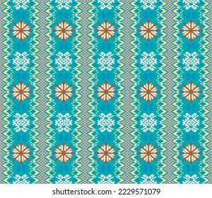Vector nordic ornament. winter scandinavian seamless pattern, border design for fashion fabric, knit, textile, cross embroidery. Norwegian background with red and blue colors