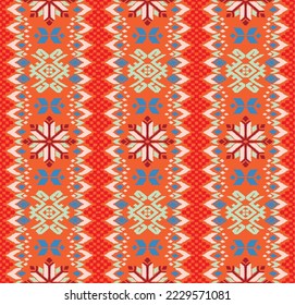 Vector nordic ornament. winter scandinavian seamless pattern, border design for fashion fabric, knit, textile, cross embroidery. Norwegian background with red and blue colors