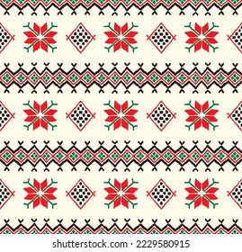 Vector nordic ornament. winter scandinavian seamless pattern, border design for fashion fabric, knit, textile, cross embroidery. Norwegian background with red and blue colors