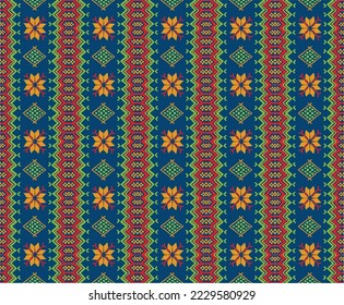 Vector nordic ornament. winter scandinavian seamless pattern, border design for fashion fabric, knit, textile, cross embroidery. Norwegian background with red and blue colors
