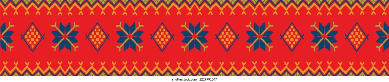 Vector nordic ornament. winter scandinavian seamless pattern, border design for fashion fabric, knit, textile, cross embroidery. Norwegian background with red and blue colors