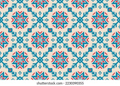 Vector nordic ornament. winter scandinavian seamless pattern, border design for fashion fabric, knit, textile, cross embroidery. Norwegian background with red and blue colors