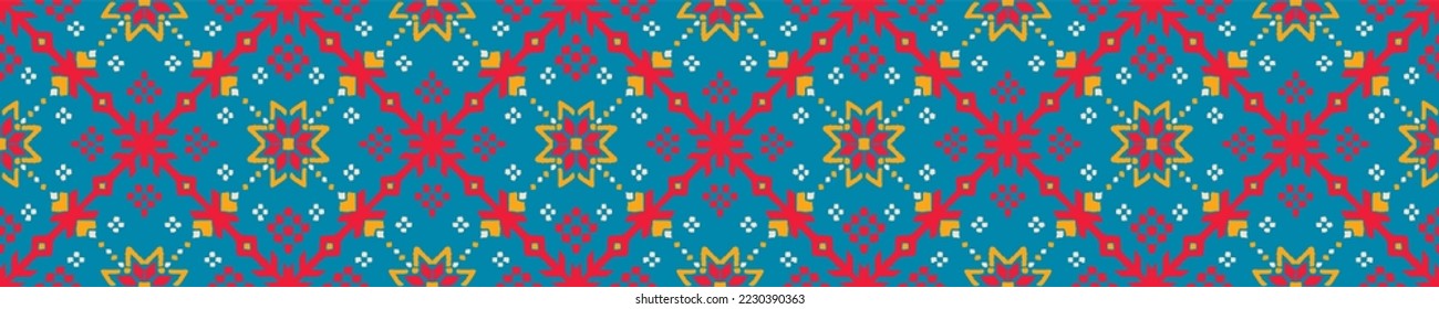 Vector nordic ornament. winter scandinavian seamless pattern, border design for fashion fabric, knit, textile, cross embroidery. Norwegian background with red and blue colors