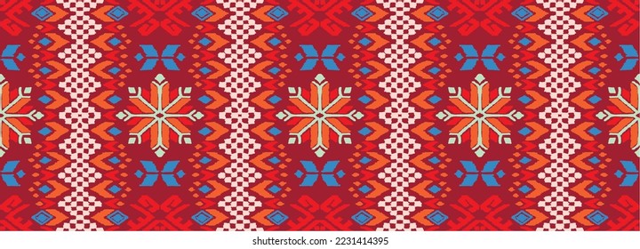 Vector nordic ornament. winter scandinavian seamless pattern, border design for fashion fabric, knit, textile, cross embroidery. Norwegian background with red and blue colors