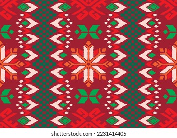 Vector nordic ornament. winter scandinavian seamless pattern, border design for fashion fabric, knit, textile, cross embroidery. Norwegian background with red and blue colors