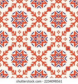 Vector nordic ornament. winter scandinavian seamless pattern, border design for fashion fabric, knit, textile, cross embroidery. Norwegian background with red and blue colors