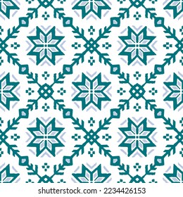 Vector nordic ornament. winter scandinavian seamless pattern, border design for fashion fabric, knit, textile, cross embroidery. Norwegian background with red and blue colors