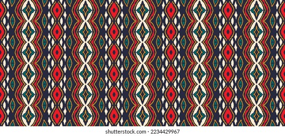 Vector nordic ornament. winter scandinavian seamless pattern, border design for fashion fabric, knit, textile, cross embroidery. Norwegian background with red and blue colors