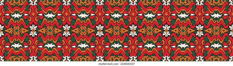 Vector nordic ornament. winter scandinavian seamless pattern, border design for fashion fabric, knit, textile, cross embroidery. Norwegian background with red and blue colors