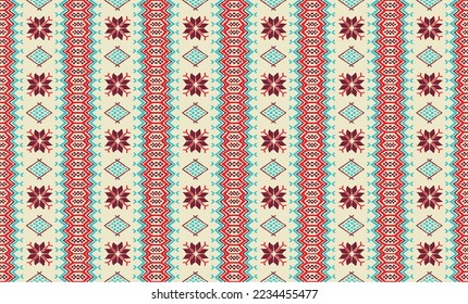 Vector nordic ornament. winter scandinavian seamless pattern, border design for fashion fabric, knit, textile, cross embroidery. Norwegian background with red and blue colors