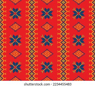 Vector nordic ornament. winter scandinavian seamless pattern, border design for fashion fabric, knit, textile, cross embroidery. Norwegian background with red and blue colors